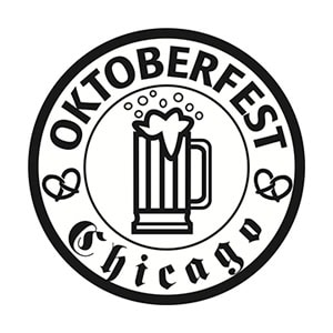Black and white circular logo with the text "Oktoberfest Chicago," a beer mug with foam in the center, and two pretzel illustrations on either side.