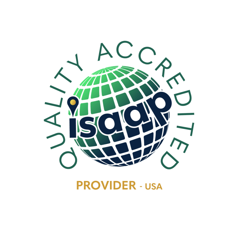 ISAAP Quality Accredited Provider USA logo featuring a stylized green and blue globe with text encircling it.