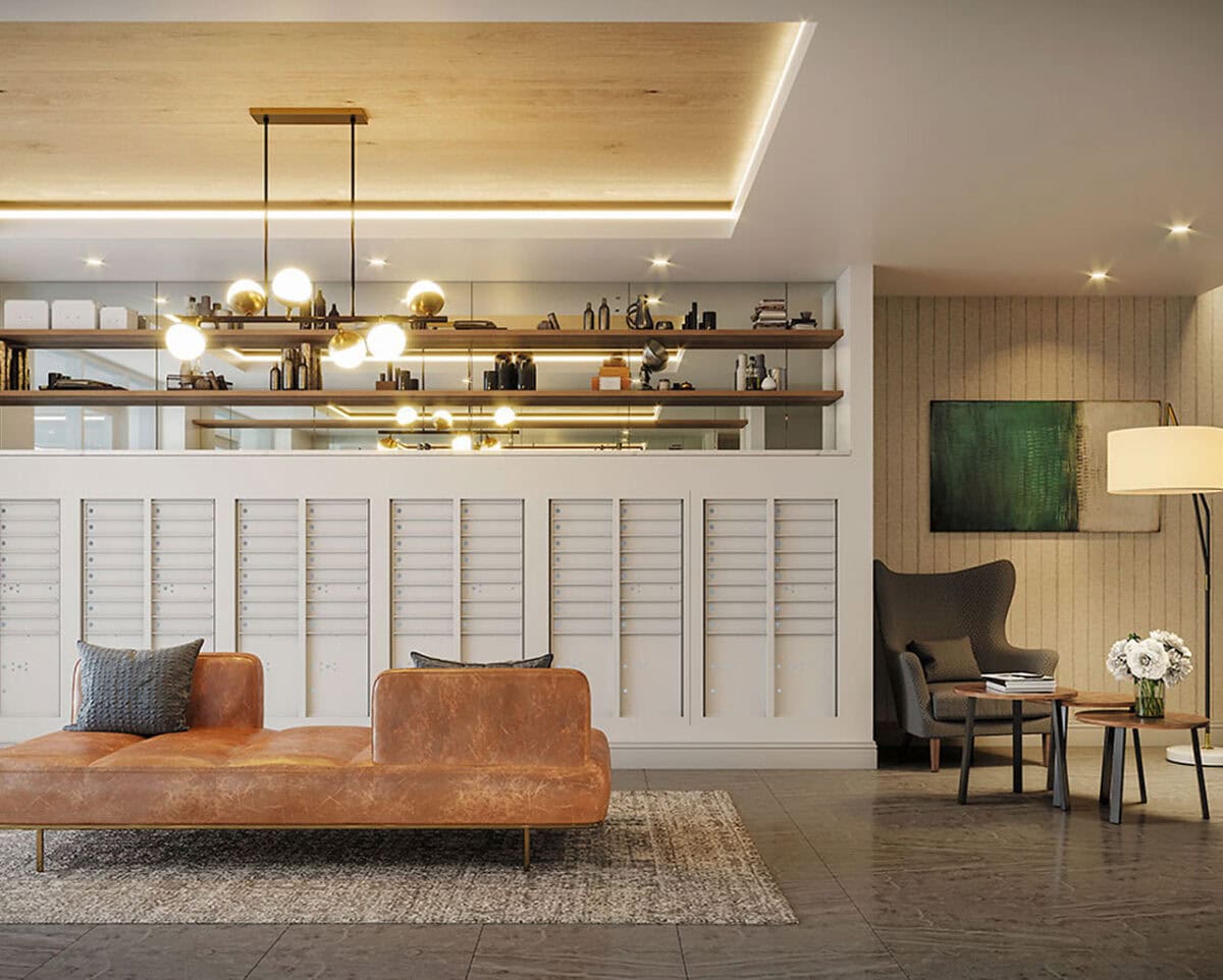 Modern lobby with a brown leather bench, wall of mailboxes, shelves with decor, gray armchair, round table, floor lamp, and abstract green artwork.