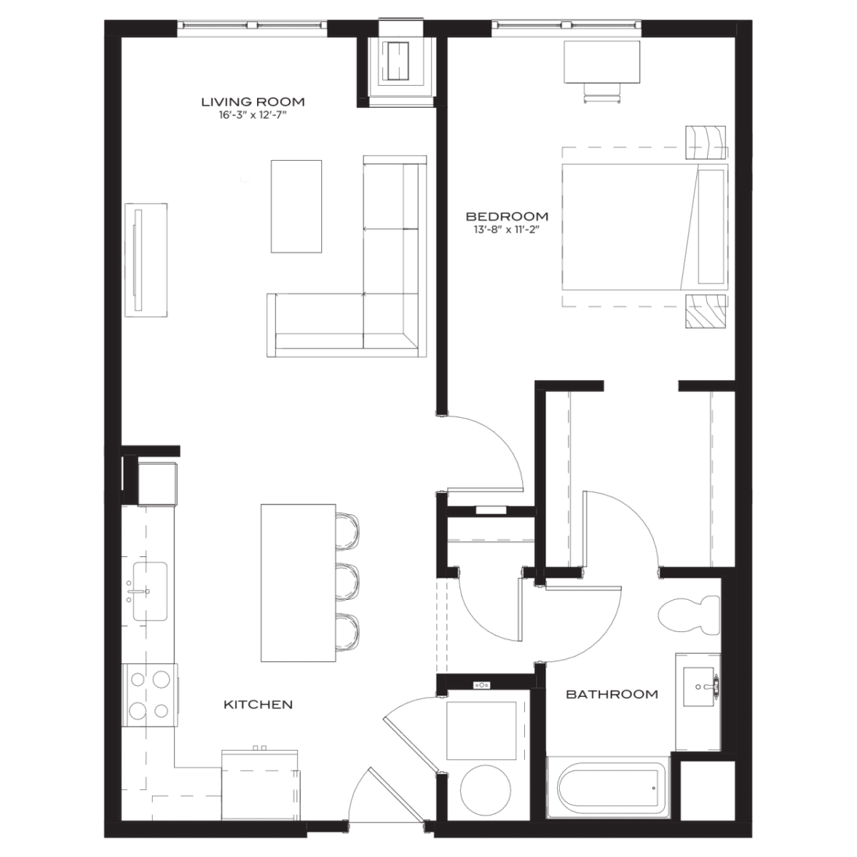 Black and white floor plan of a one-bedroom apartment with a living room, kitchen, bathroom, and bedroom. Furniture and fixtures are clearly labeled.