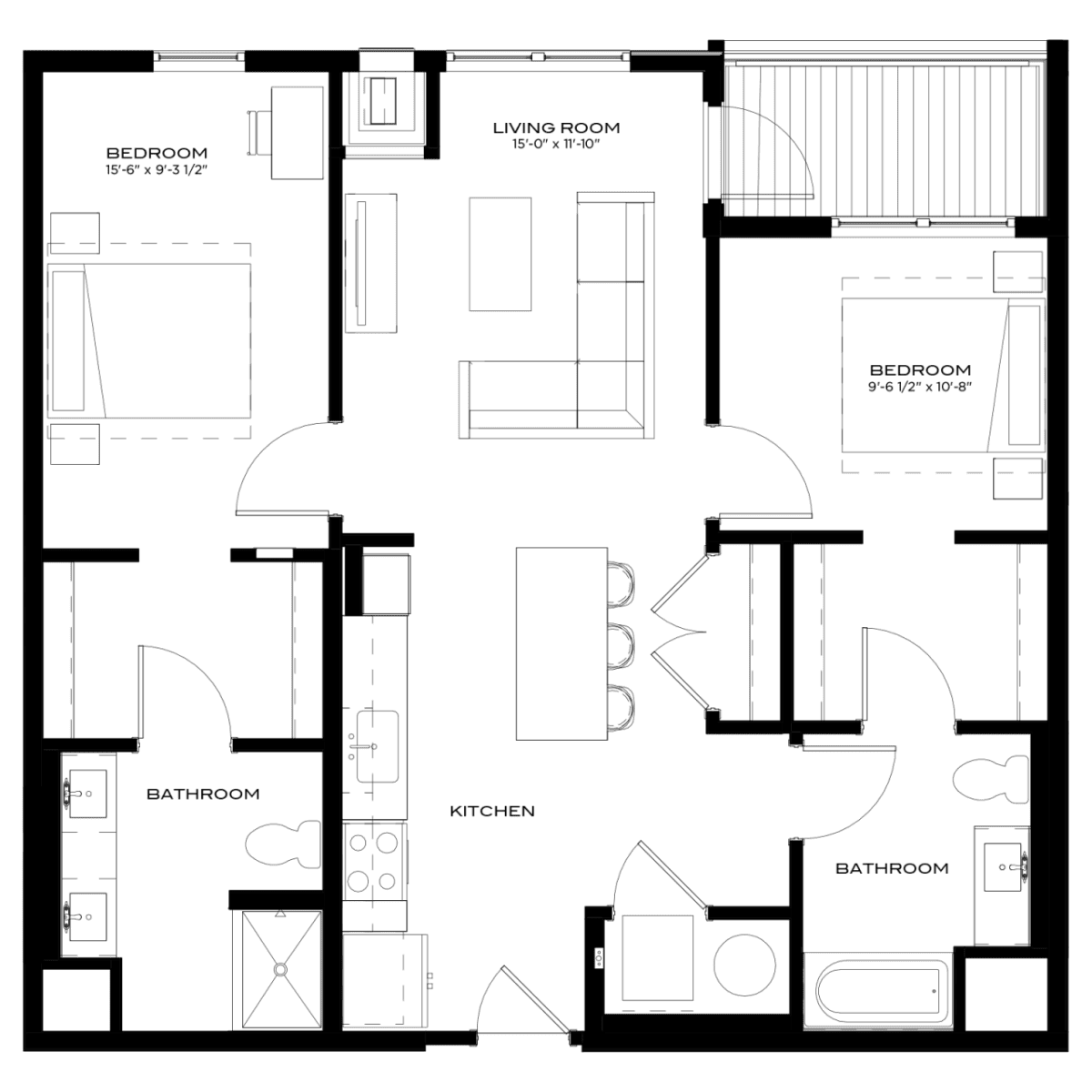 Black and white floor plan of a two-bedroom, two-bathroom apartment with a central kitchen and living room, showing doors, windows, and furniture layout.