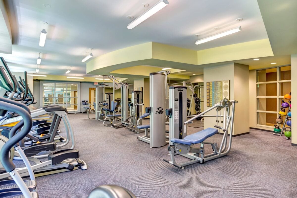 Modern gym with cardio machines, weight machines, free weights, exercise balls, and mats arranged in a spacious, well-lit room with carpeted floors and large windows.